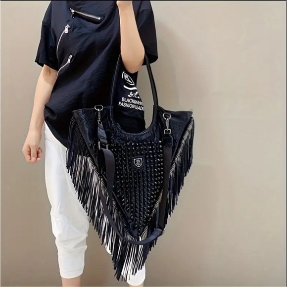 Black Fringe Studded Gothic Punk Rivet Fringe Shoulder Bag Agrippa brand purse - Picture 4 of 13